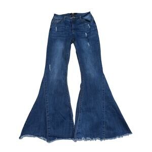 L & B women’s distressed mid rise wide flare blue jeans